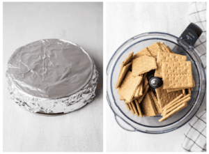 Step 1 shows preparing the springform pan and step 2 shows adding graham crackers to a food processor.